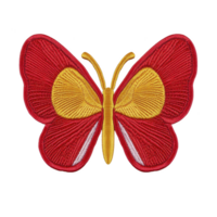A vibrant embroidered butterfly patch with red and yellow wings, showcasing intricate stitching and symmetrical design. Perfect for adding colorful touch to clothing or accessories png