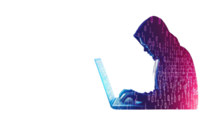 A hooded figure types on laptop, surrounded by binary code, symbolizing cybersecurity and hacking. image conveys sense of mystery and digital intrigue png