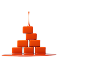 An Orange paint drips onto stacked cubes, creating vibrant and dynamic visual. glossy surface of cubes reflects light, enhancing vividness of orange hue png