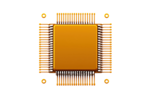 A close up of gold microchip with numerous pins extending from its sides, isolated on transparency background. intricate design highlights complexity and precision of modern technology png