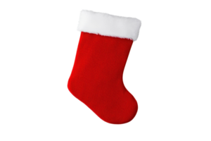 A red Christmas stocking with white fur trim, isolated on transparency background, evokes festive holiday cheer png