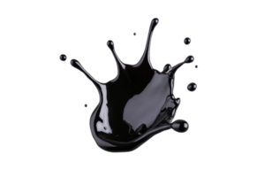 A splash of glossy black liquid with droplets suspended in mid air, creating dynamic and fluid motion against transparent background png