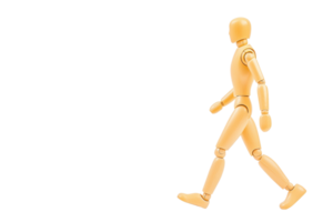 A wooden mannequin is depicted walking with confident stride, showcasing human like movement. figure is articulated, allowing for various poses, and is set against plain background, emphasizing its png