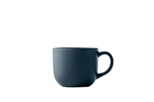 A dark blue ceramic mug with smooth texture and simple handle, perfect for enjoying hot beverages like coffee or tea. minimalist design adds elegance to any kitchen setting png