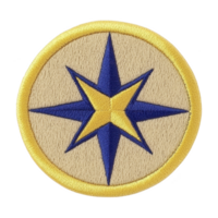 A round embroidered patch features blue and yellow compass star design on beige background, bordered by yellow edge. patch conveys sense of adventure and exploration png