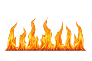 A row of vibrant orange and yellow flames against transparent background, showcasing dynamic movement and energy. Perfect for design projects needing fiery element png