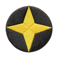 A This features circular embroidered patch with prominent yellow star transparency background. star is centered and has bold, symmetrical design, creating striking contrast against dark backdrop png