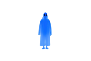 A person dressed as ghost in blue sheet stands against transparency background, creating spooky yet playful atmosphere png