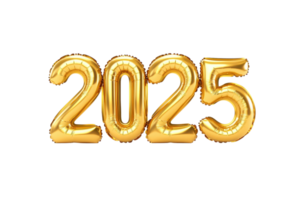 A Golden balloon numbers forming 2025 transparency background, symbolizing celebration and future events. shiny metallic texture adds festive and optimistic feel, perfect for New Year or milestone png