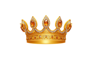 A golden crown adorned with orange gemstones and intricate detailing, symbolizing royalty and elegance. crown design features ornate patterns and sparkling jewels, creating regal and luxurious png