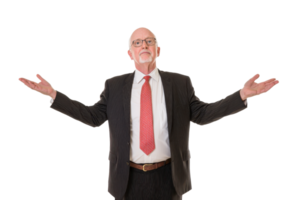 An Elderly man in suit with red tie gesturing with open arms, expressing confidence and authority. background is plain, emphasizing his formal attire and expressive pose png