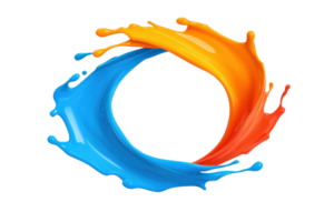 A vibrant swirl of blue and orange paint splashes creates dynamic circular shape, symbolizing creativity and energy. contrasting colors blend seamlessly, forming striking visual effect png