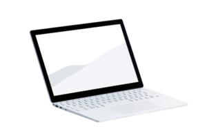 A sleek, modern laptop with minimalist design and white keyboard, perfect for professional or personal use. screen displays simple, abstract background png