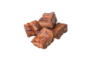 A Juicy grilled beef cubes with rich, smoky flavor are arranged in tempting display, showcasing their perfectly seared surfaces and tender texture png