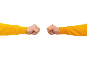 A Two people wearing yellow sleeves are giving each other fist bump, symbolizing friendship and unity. background is plain, emphasizing gesture png