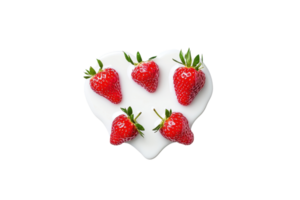 A Fresh strawberries arranged on heart shaped pool of creamy yogurt, creating delightful and appetizing presentation. vibrant red of strawberries contrasts beautifully with smooth white yogurt png