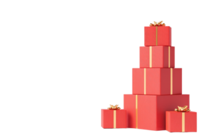 A stack of red gift boxes with gold ribbons is arranged in pyramid shape, creating festive and celebratory atmosphere. boxes vary in size, adding visual interest and sense of anticipation png