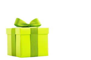 A vibrant green gift box with matching ribbon and bow is isolated on transparency background, creating festive and cheerful atmosphere png