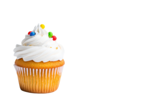 A delicious vanilla cupcake with creamy white frosting and colorful candy sprinkles sits against plain background, creating delightful and appetizing visual png