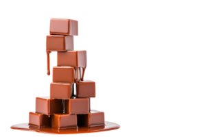 A stack of melting chocolate cubes forms tower, with rich chocolate sauce dripping down sides, creating tempting and indulgent visual png