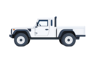 A white pickup truck with rugged tires and simple design, viewed from side, showcasing its robust build and off road capabilities png