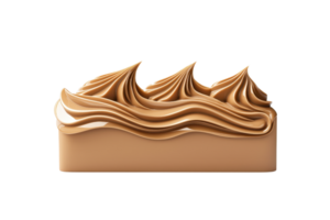 A rectangular block of creamy, swirled caramel frosting with smooth texture and rich color. frosting is artistically shaped into peaks, creating appetizing and visually appealing dessert topping png