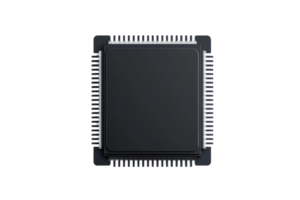 A close up of microchip with numerous pins, showcasing its intricate design and metallic surface, essential for electronic devices and computing technology png