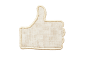 A beige fabric patch in shape of thumbs up symbol, representing approval or agreement, isolated on transparency background. texture is woven, with soft and tactile appearance png