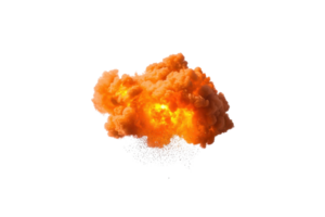 A vibrant explosion with fiery orange and yellow hues, surrounded by billowing smoke and scattered debris, creating dynamic and intense visual impact png