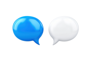 A Two glossy speech bubbles, one blue and one white, symbolize communication and dialogue. shiny, 3D design adds modern touch, making it ideal for digital communication themes png