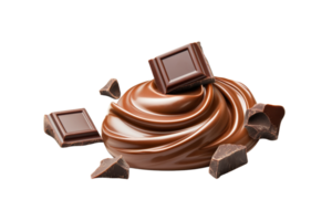 A Smooth swirl of rich chocolate with chunks of dark chocolate scattered around, creating tempting and indulgent treat. glossy texture and deep brown color enhance its appeal png