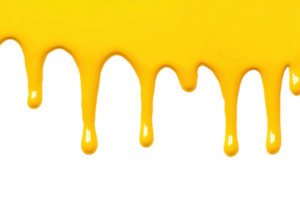 A Bright yellow paint drips down against transparency background, creating vibrant and artistic effect. smooth, glossy texture of paint adds dynamic and creative touch to image png