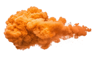 A vibrant orange cloud of smoke billows dramatically against transparency background, creating dynamic and energetic visual effect. swirling patterns and rich color evoke sense of movement and png