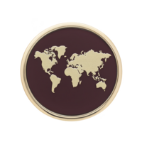 A round, elegant emblem features gold world map on deep maroon background, encircled by gold border, symbolizing global unity and sophistication png