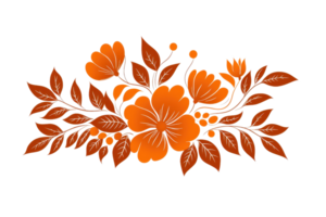 An Orange floral design with intricate leaves and petals, showcasing vibrant and artistic pattern. arrangement features harmonious blend of flowers and foliage, creating decorative and elegant motif png