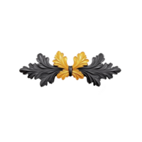 An ornate decorative element featuring symmetrical black and gold leaf designs, creating elegant and classic appearance. intricate detailing adds touch of sophistication to any design png