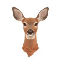 A digitally illustrated deer with large ears and curious expression is depicted wearing brown scarf, set against plain background. artwork highlights deer detailed fur texture and expressive eyes png