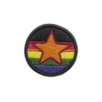 A circular embroidered patch features central orange star set against vibrant rainbow striped background, symbolizing diversity and pride. patch is bordered in black, enhancing its bold design png