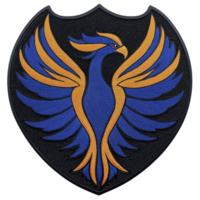 A This features vibrant phoenix emblem with blue and orange feathers, symbolizing rebirth and strength, set against dark shield shaped background. design is bold and dynamic png