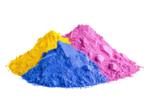 A Vibrant piles of colored powder in blue, pink, and yellow create striking visual display, often used in art, festivals, and creative projects png