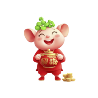 A cheerful cartoon character with large ears and clover on its head holds red pot with gold coins, symbolizing prosperity and good fortune. character wears red outfit, smiling joyfully png