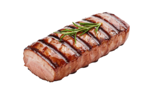 A Grilled steak with rosemary garnish on transparency background, showcasing juicy texture and grill marks. Perfect for culinary presentations or food related content png