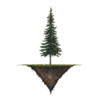 A lone evergreen tree stands atop floating triangular piece of earth, showcasing roots and soil layers. serene and surreal scene evokes sense of tranquility and wonder png