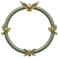 A circular green frame adorned with golden eagles and stars, symbolizing strength and unity. elegant design features intricate details, creating sense of grandeur and patriotism png