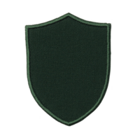 A blank dark green shield shaped patch with textured fabric surface and stitched edges, ready for customization or embroidery. patch is isolated on transparency background png