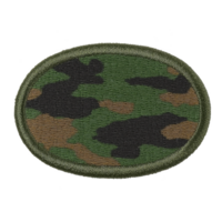 An oval camouflage patch with green, brown, and black patterns, often used for military or tactical purposes, is shown. patch has stitched border, giving it rugged appearance png