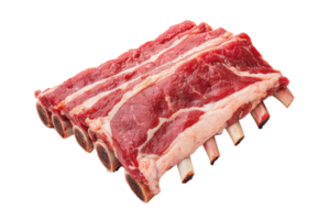 A raw rack of beef ribs with visible marbling and bone structure, ready for cooking or grilling. meat appears fresh and is displayed on transparency background, highlighting its texture and color png