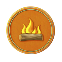A This features embroidered patch with campfire design, showcasing log with flames on orange circular background. patch has stitched border, giving it crafted appearance png