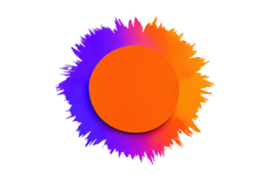 A vibrant circular design with central orange circle is surrounded by dynamic splash of purple and orange hues, creating striking contrast png