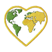 A Heart shaped embroidered patch featuring world map design with green and yellow continents, symbolizing global unity and love for planet png